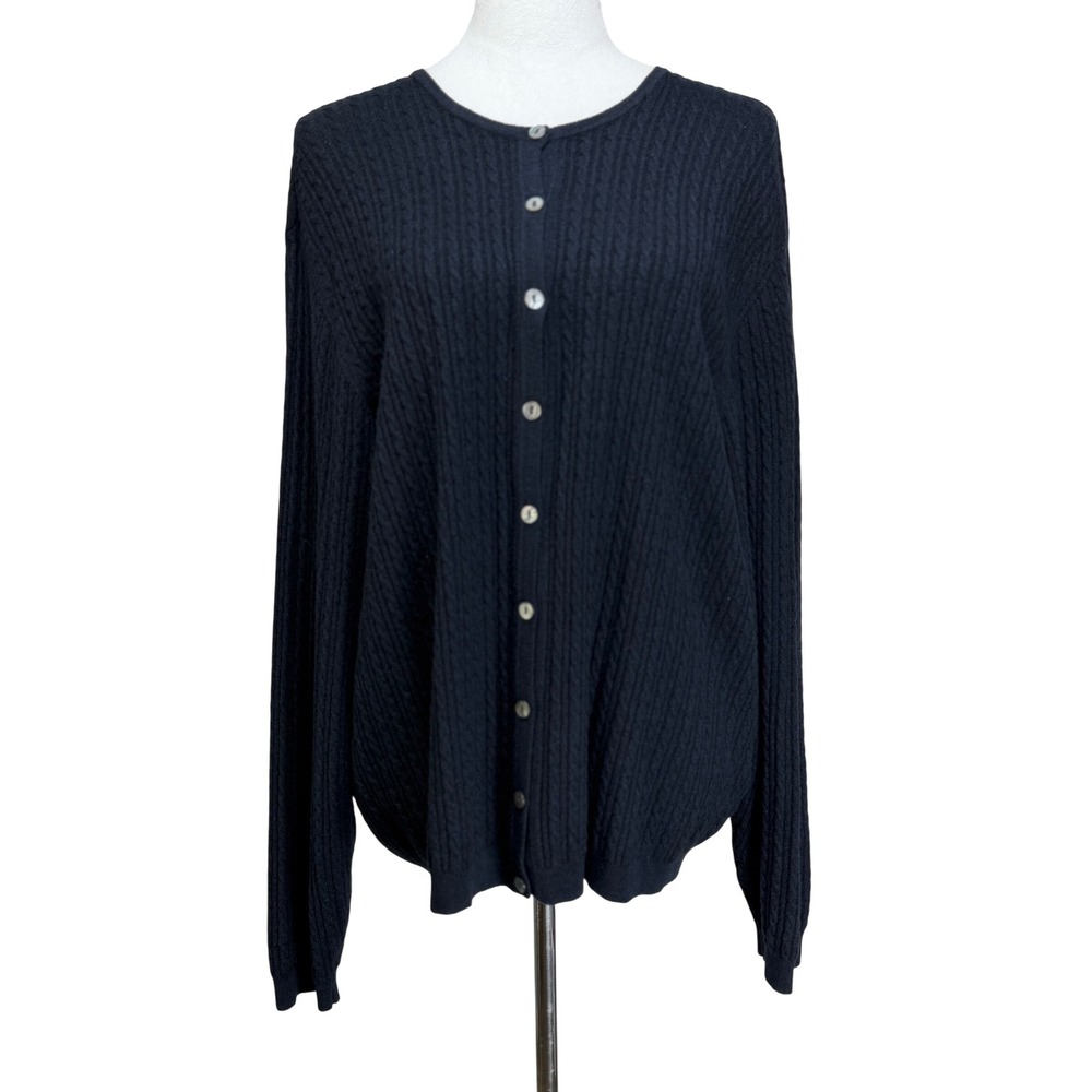 Talbots Women Wool Cotton Cardigan XL Navy Blue Cable Knit Button Front Italy
